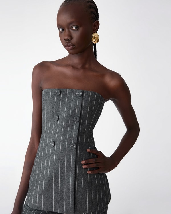 Strapless Double-Breasted Pinstripe Top