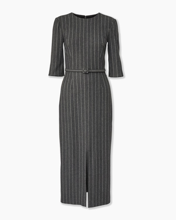 Pinstripe Midi Dress with Belt